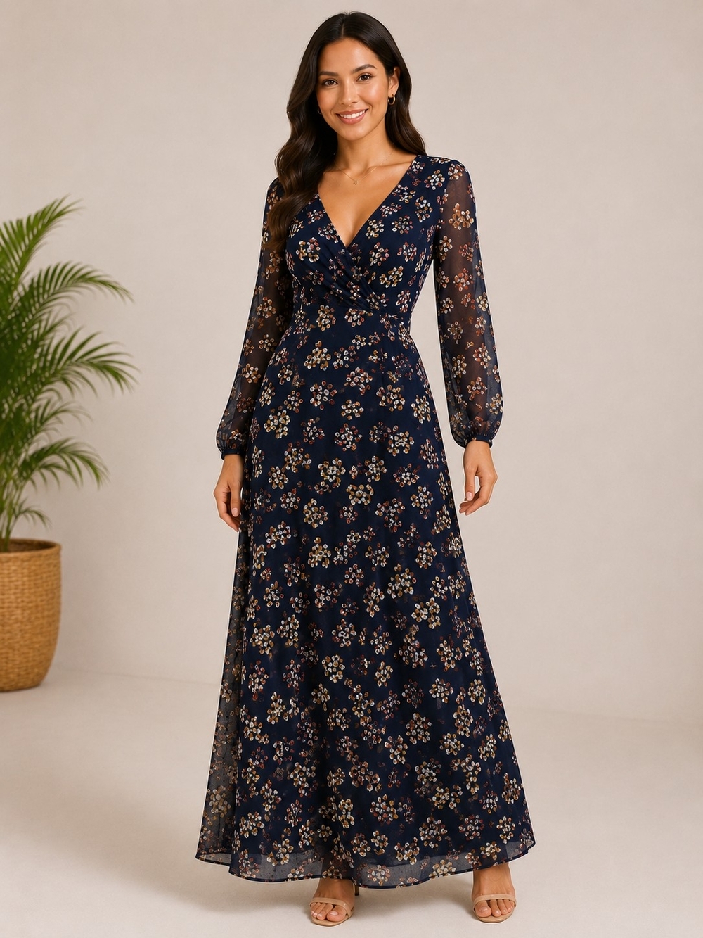 Allison Brittney Petite Navy Floral Mesh V-Neck Long Sleeve Maxi Dress